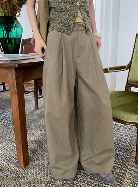 UNITY MODE 纯棉阔腿西装裤女秋季复古宽松休闲拖地裤长裤251037
