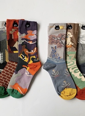 2025年秋季新品猫咪日系可爱撞色个性中高筒袜子弹力适中穿着舒适