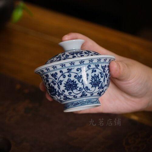【记石柴窑】仿明永乐双狮缠枝莲二才盖碗120cc 手工手绘景德镇