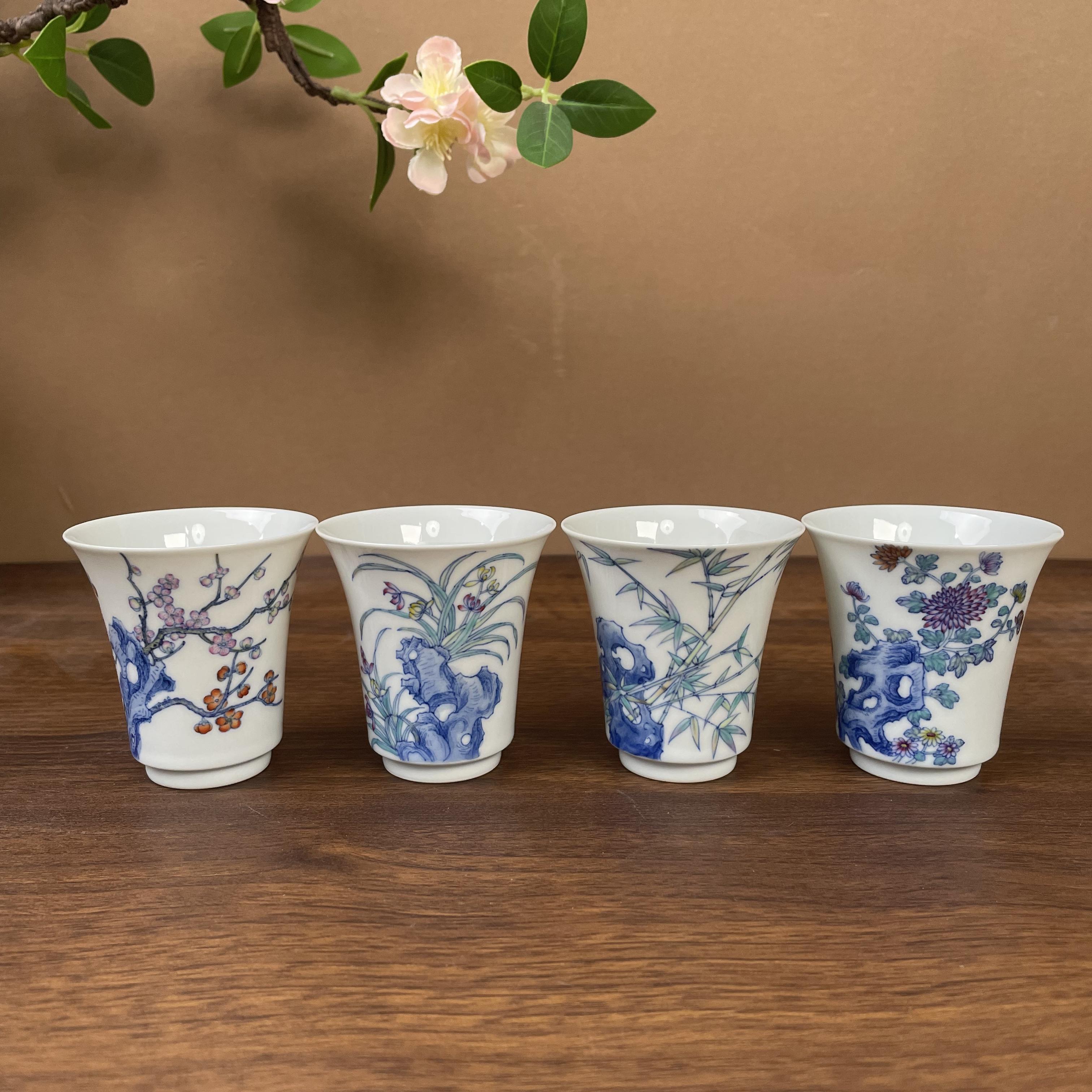 【鸿均堂】梅兰竹菊四君子闻香杯青花斗彩品茗杯景德镇手绘单杯