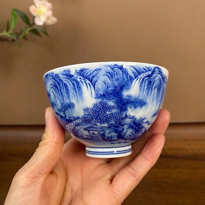 【九茗柴窑】蔡琴精工山水鸡心杯主人杯110cc 手工手绘景德镇茶具