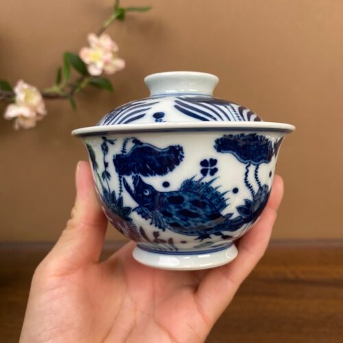 【记石柴窑】仿明鱼藻元宝盖碗130cc 手工手绘景德镇茶具