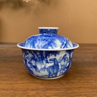 【晓竹窑】精工人物浴马图二才盖碗150cc 手工手绘景德镇茶具