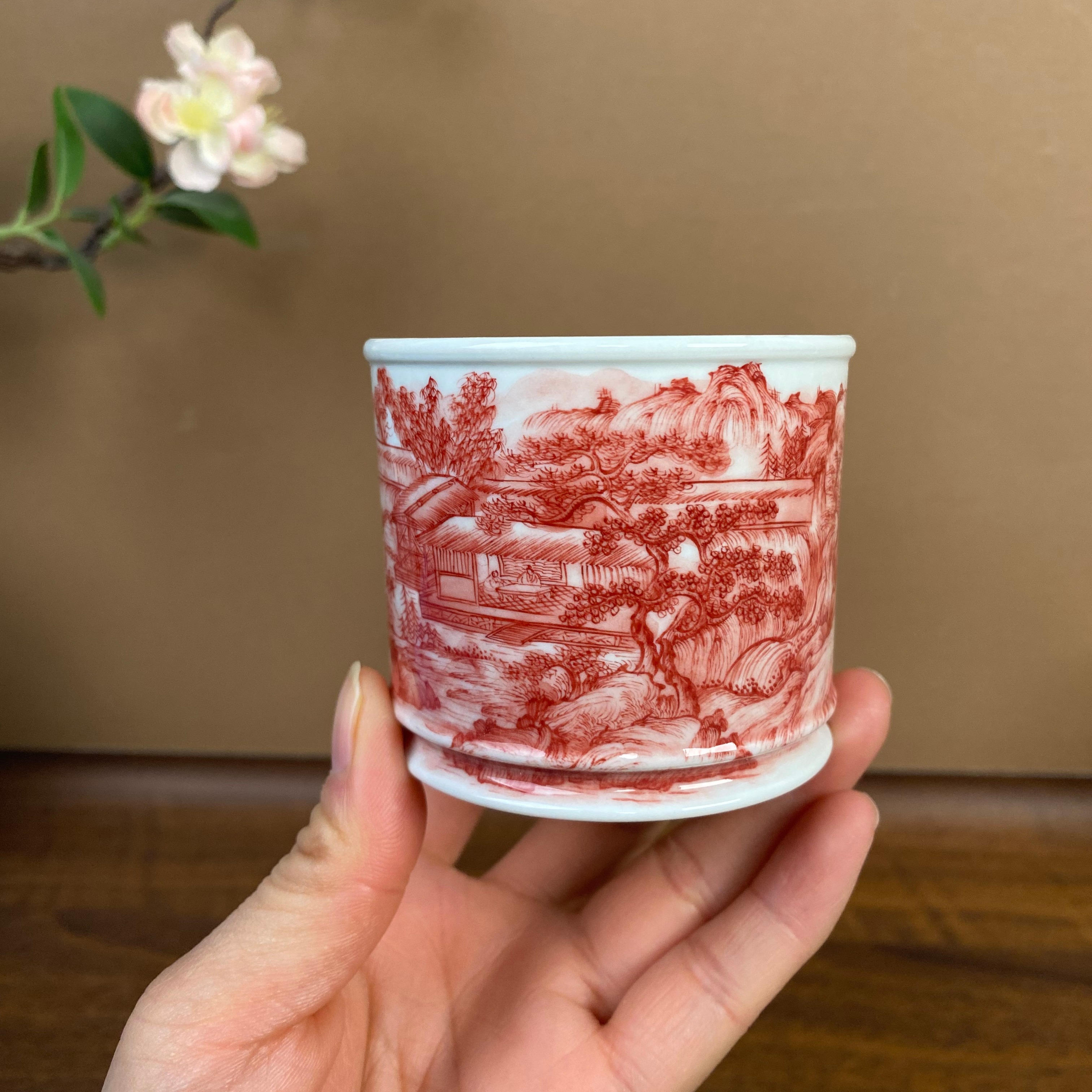 【九茗珍藏】林意釉下全红山水容天杯130cc 手工手绘景德镇茶具