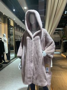 樱花粉色宽松宝嘉美国进口天鹅绒整貂皮大衣女水貂毛皮草外套带帽