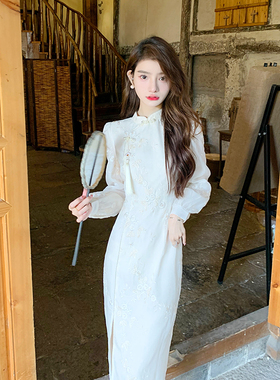 AM NANA新中式旗袍法式长袖连衣裙女修身国风礼服气质内搭长裙子