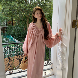 AM NANA法式气质粉色连衣裙女设计感小众小个子打底优雅长裙子