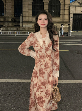 AMNANA法式温柔风碎花连衣裙优雅款显瘦长袖仙女裙气质V领长裙子