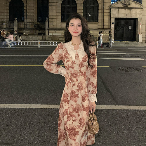 法式碎花显瘦长袖连衣裙子