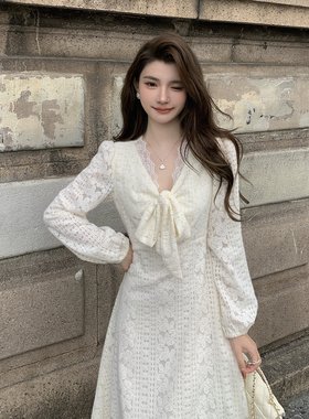 AMNANA法式温柔风蕾丝连衣裙长袖V领蝴蝶结仙女裙气质收腰长裙子
