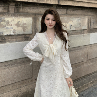 AMNANA法式温柔风蕾丝连衣裙长袖V领蝴蝶结仙女裙气质收腰长裙子