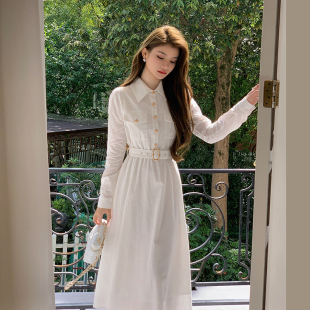 白色衬衫 气质长袖 连衣裙女小个子绝美打底收腰长裙子 NANA法式