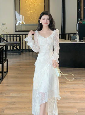 AM NANA法式气质长袖连衣裙显瘦轻熟风蕾丝仙女裙收腰吊带长裙子