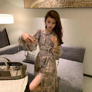 AM NANA初秋法式气质碎花长袖连衣裙女温柔风甜美仙女绝美长裙子