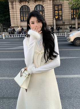 AMNANA千金风白色长袖上衣女圆领气质小香风套头打底针织衫女装