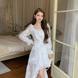 AM NANA法式气质白色长袖打底连衣裙温柔风初恋小个子绝美长裙子