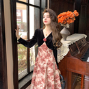 连衣裙女显瘦气质礼服丝绒拼接长裙子 复古碎花长袖 NANA法式