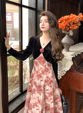 AM NANA法式复古碎花长袖连衣裙女显瘦气质礼服丝绒拼接长裙子
