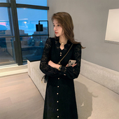 减龄长裙子 连衣裙女显瘦气质裙V领修身 NANA法式 蕾丝黑色长袖