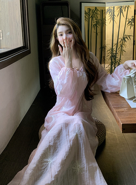 AMNANA法式温柔风V领粉色连衣裙女宽松甜美仙女裙气质优雅长裙子