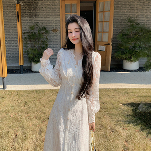 AM NANA初秋法式气质纯欲V领长袖杏色连衣裙仙女绝美约会长裙子