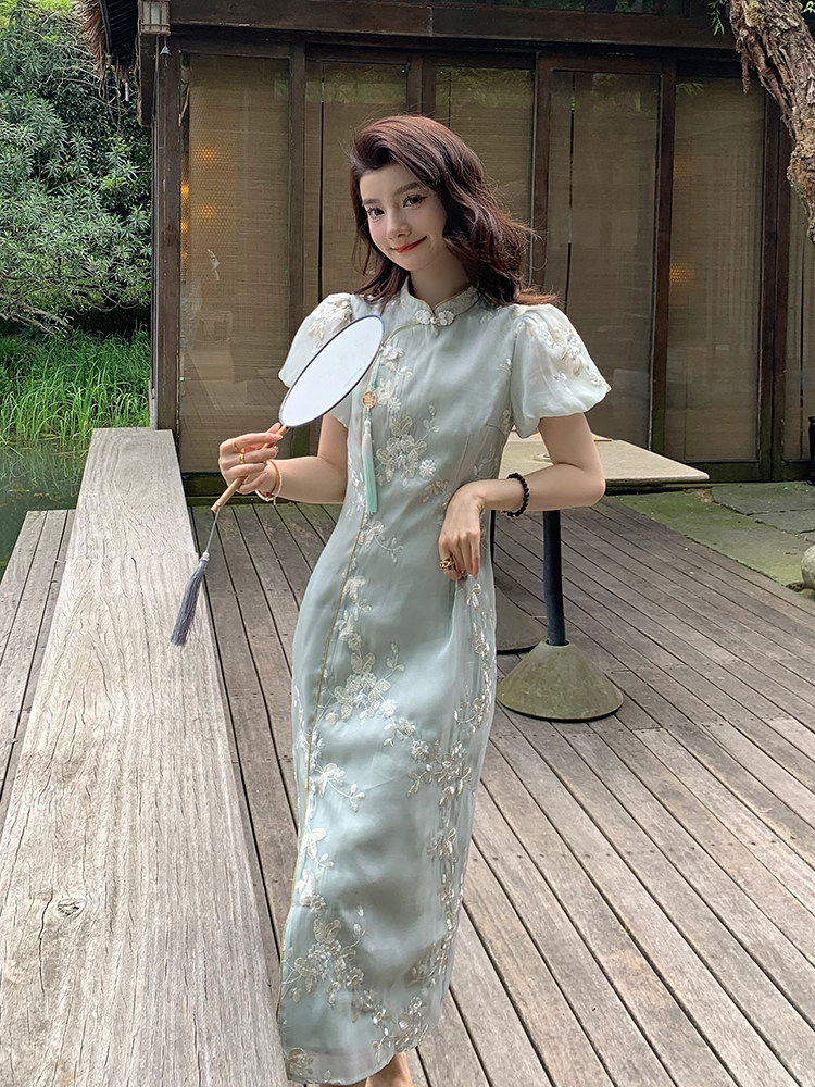 AM NANA 여성을위한 새로운 중국어 자수 개선 치파오 허리 슬리밍 순수한 욕망 요정 스커트 기질 우아한 드레스