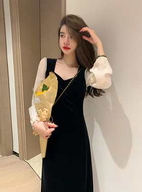 AM NANA法式黑色金丝绒连衣裙小个子温柔风仙女裙气质显瘦长裙子