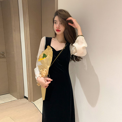 AM NANA法式黑色金丝绒连衣裙小个子温柔风仙女裙气质显瘦长裙子