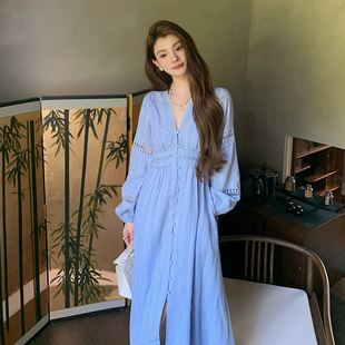 连衣裙女设计感蕾丝拼接小个子打底长裙子 气质V领长袖 NANA法式