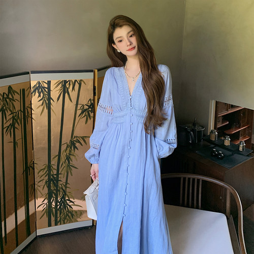 秋冬打底法式气质V领长袖连衣裙