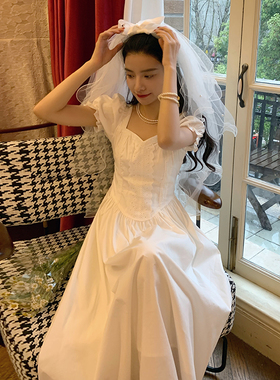 AM NANA法式气质白色短袖连衣裙女夏温柔风仙女裙显瘦漂亮长裙子