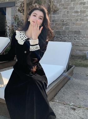 AMNANA法式气质初恋甜美娃娃领小黑裙收腰显瘦黑色金丝绒连衣裙女