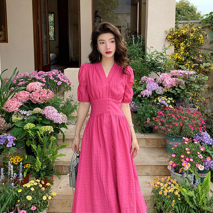 AM NANA法式气质玫红色连衣裙漂亮温柔风初恋裙显瘦小个子长裙子