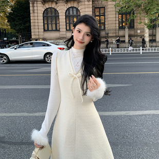 AMNANA法式气质重工小香风背心连衣裙女V领米白色仙女裙收腰长裙