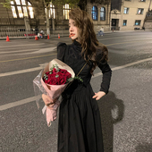 显瘦长裙子 连衣裙女赫本风修身 NANA法式 黑色复古气质长袖