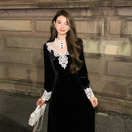 AM NANA法式气质黑色丝绒连衣裙轻奢绝美礼服修身显瘦打底长裙子