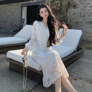 白色独特别致蕾丝漂亮连衣裙气质小个子仙女裙温柔风裙 AMNANA法式