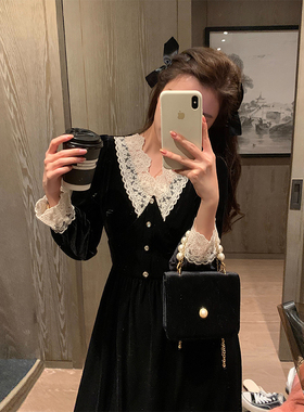 AM NANA◆法式黑色连衣裙女复古赫本小黑裙长袖气质丝绒长裙子