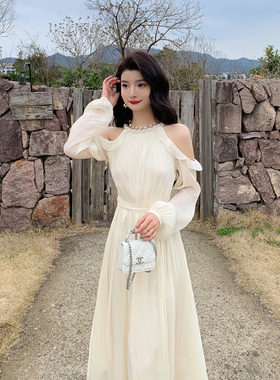 AM NANA轻熟风性感吊带露肩连衣裙气质长袖仙女礼服收腰优雅长裙