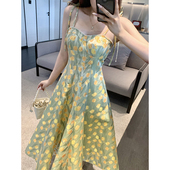 NANA法式 复古郁金香气质碎花吊带连衣裙夏温柔风小个子长裙子