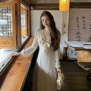 打底蕾丝连衣裙温柔风气质绝美仙女裙小个子长裙 NANA秋冬法式