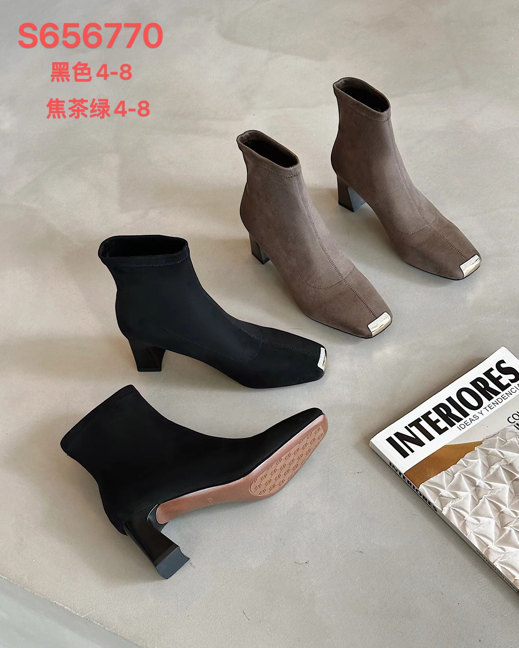 方头绒面弹力靴时尚袜子靴中高跟金属装饰小个子女靴显腿细短靴