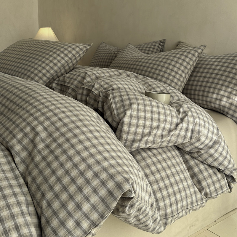 简约日式灰格子床上四件套全棉1.5m1.8米学生公寓被套三件套1.2m,床上用品,床品套件/四件套/多件套,淘宝优惠券,粉丝福利购,淘宝优惠卷