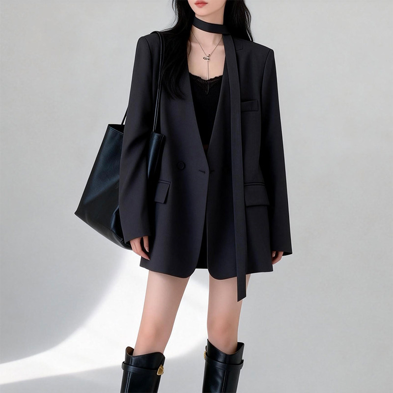 无领飘带西装外套女2026春秋新款休闲宽松显瘦气质西服上衣