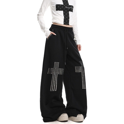 铆钉十字架黑色美式高街爵士舞裤子女阔腿宽松运动休闲裤男2026年