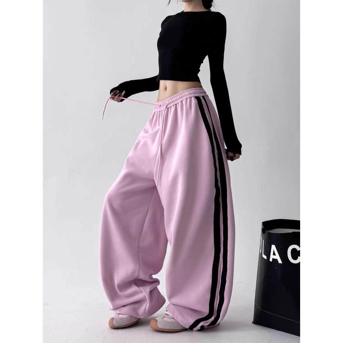 美式侧边条纹休闲运动卫裤女秋冬新款显瘦宽松慵懒街舞垂感阔腿裤,女装/女士精品,休闲裤,淘宝优惠券,粉丝福利购,淘宝优惠卷