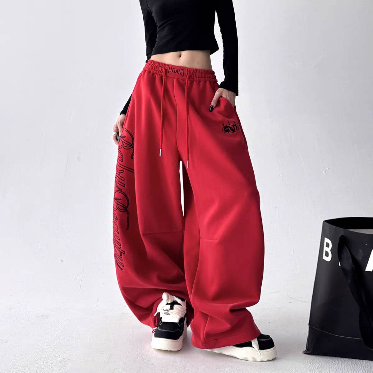 美式复古运动风慵懒松弛感阔腿卫裤女高腰宽松抽绳休闲裤黑色长裤,女装/女士精品,休闲裤,淘宝优惠券,粉丝福利购,淘宝优惠卷