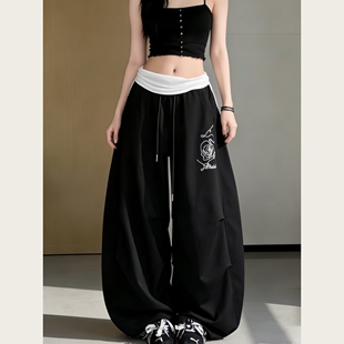 甜酷风爵士双腰头拼接黑色休闲运动裤 女设计感玫瑰抽褶弯刀香蕉裤