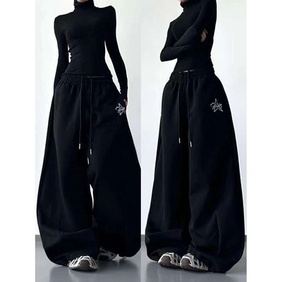 美式复古黑色高腰阔腿卫裤女嘻哈街头宽松显瘦爵士舞运动休闲裤子