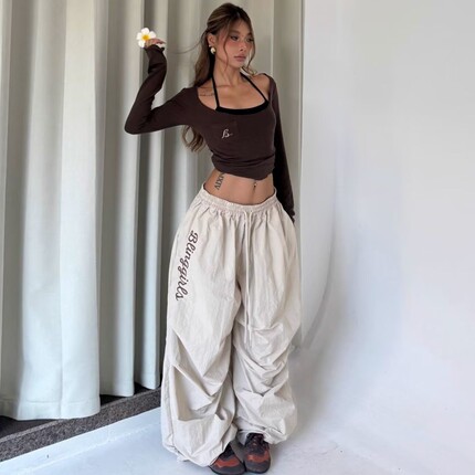 美式慵懒弯刀裤女春季2026新款高腰宽松显瘦阔腿复古休闲工装裤子